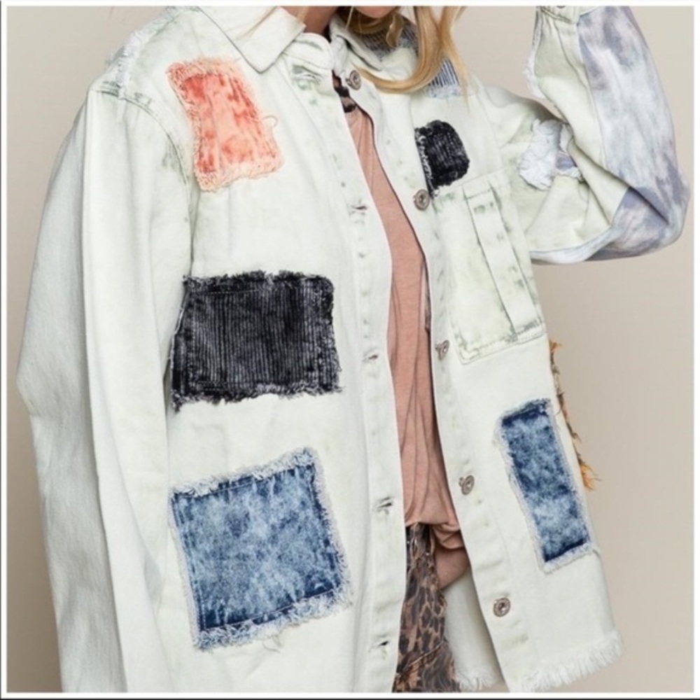 POL Western Bleached Denim Jacket Unique Patchwork Acid Wash Tie Dye - Picture 10 of 11
